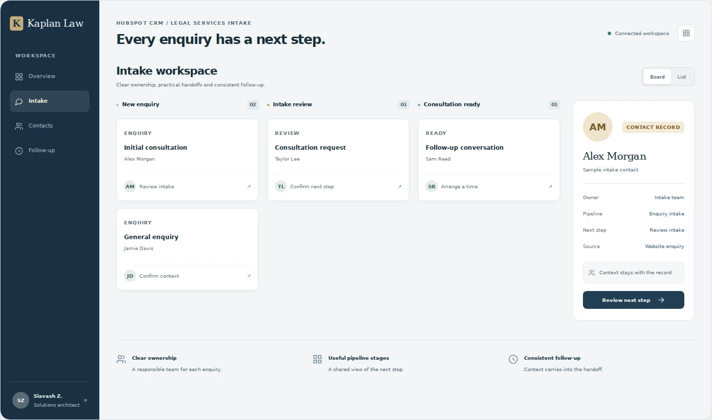 Legal intake workspace interface preview